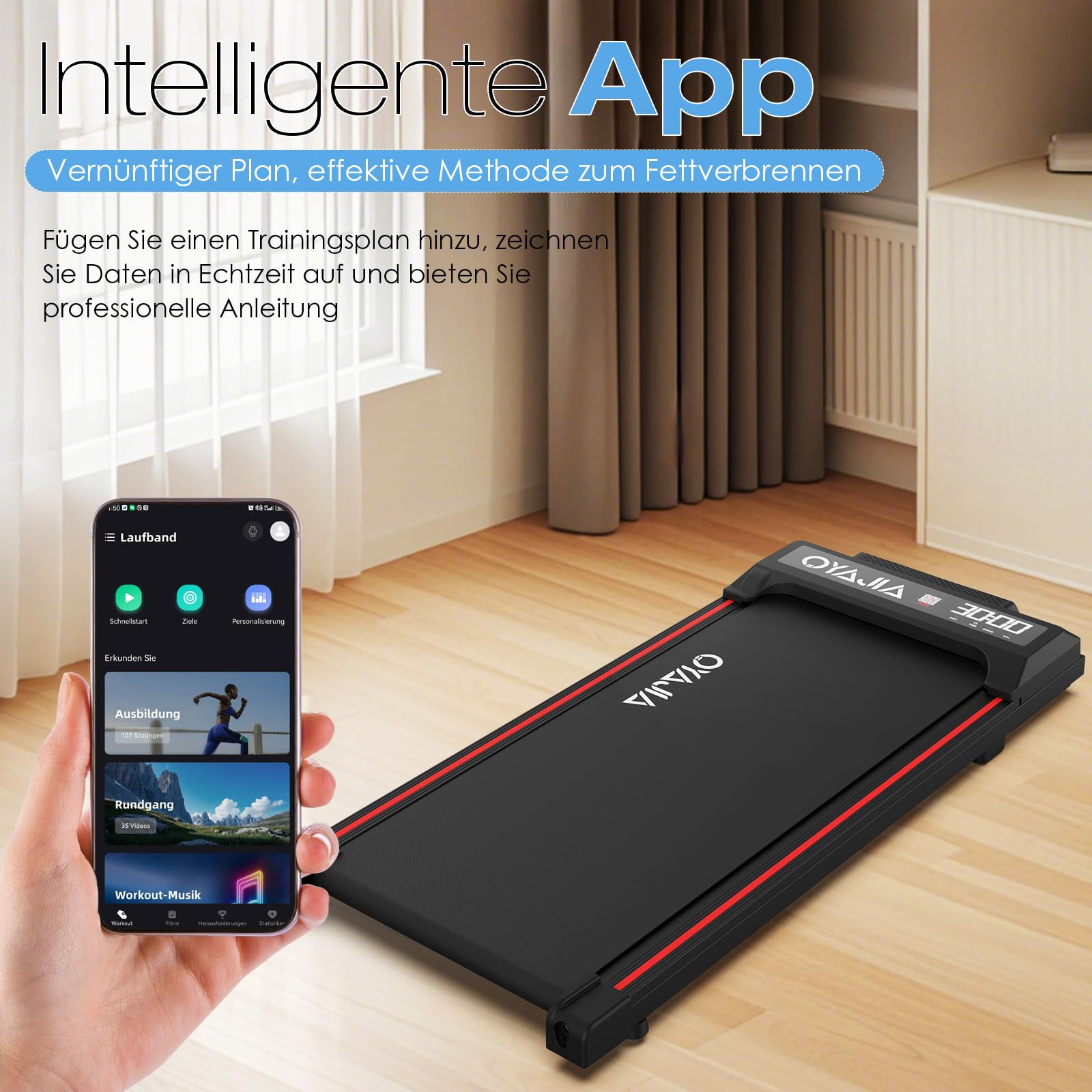 Oyajia Elektrisches Laufband, Home Treadmill, Walking Pad mit LED-Anzeige und Bluetooth-Lautsprecher, Fernbedienung und App, Platzsparend, Kompakte Laufbänder für Zuhause und Büro, 1-6km/h
