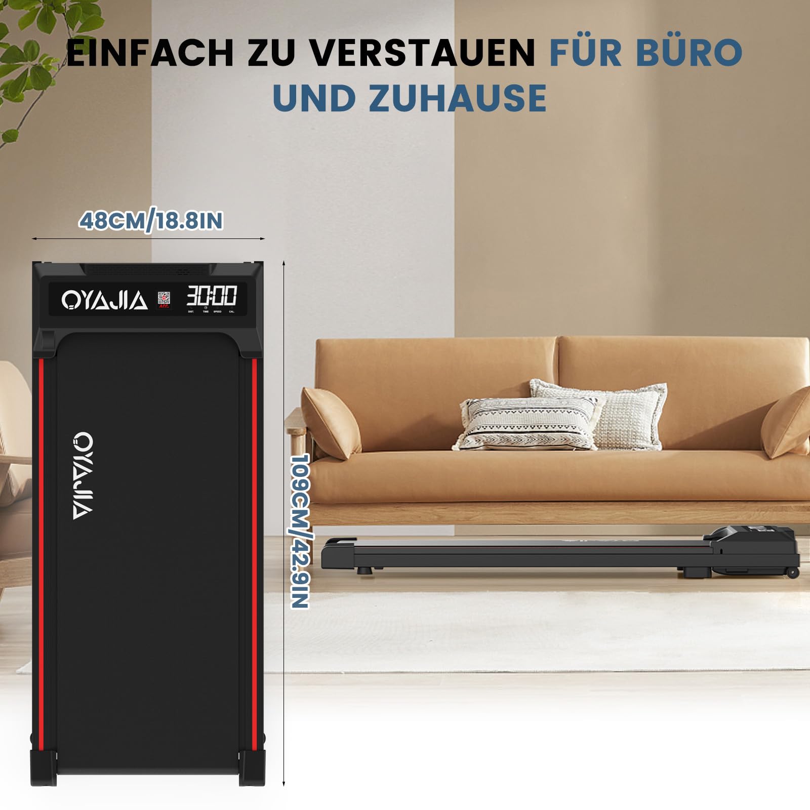 Oyajia Elektrisches Laufband, Home Treadmill, Walking Pad mit LED-Anzeige und Bluetooth-Lautsprecher, Fernbedienung und App, Platzsparend, Kompakte Laufbänder für Zuhause und Büro, 1-6km/h